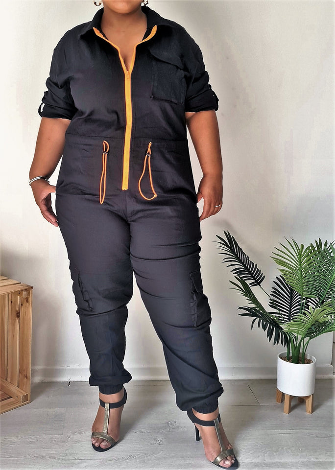 Black zipped cargo jumpsuit